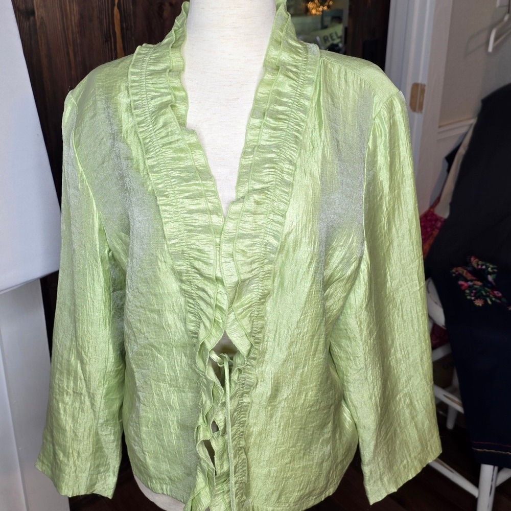 Rafaella Ruffle Blazer Womens XL Petite Lime Green Metallic Crinkle Tie Front